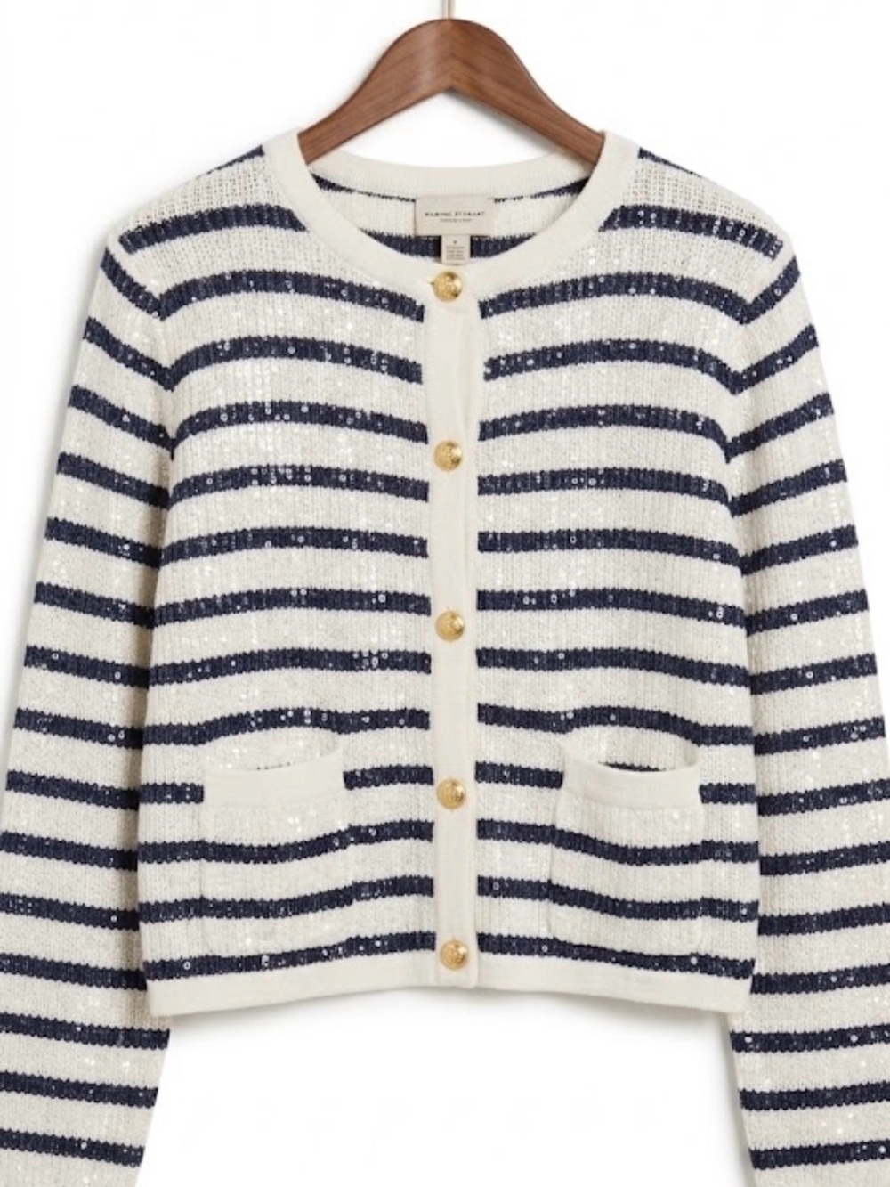 Martha  Stewart cotton sequin/gold buttons white and navy blue sweater/ jacket L